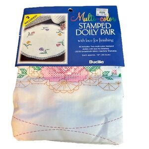 Vtg Bucilla Multicolor Stamped Doily Pair‎  Finishing Lace Floral 12" No Floss
